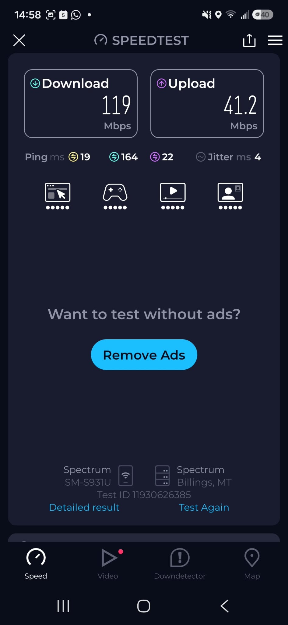Ookla speed test in the Woods House at Antelope Trails Ranch, 5 October 2026