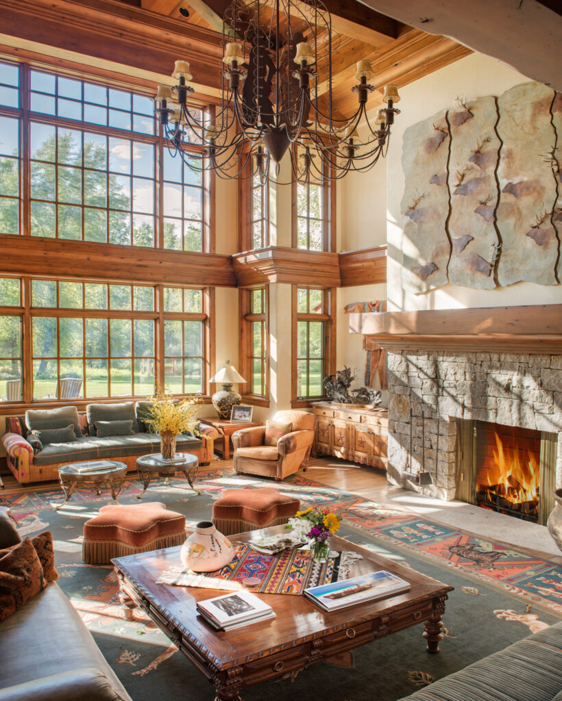 Great room with floor-to-ceiling windows at the Main House, Antelope Trails Ranch